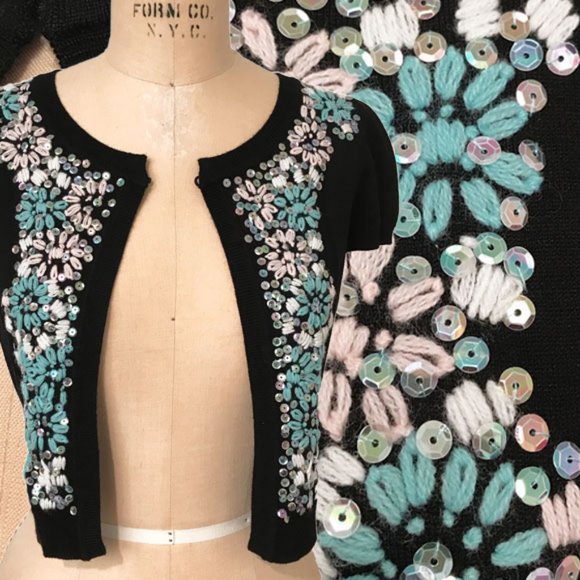 INC Black Bolero Cardigan With Iridescent Sequins & Turq/White Embroidery Size S - Picture 3 of 12